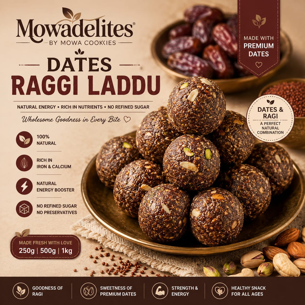 Mowa Delites Dates Raggi Laddu 250 Grams|Sugar Free Premium Home Made With Desi Ghee| No Added Sugar Or Jaggery | No Added Presevative Or Colour|